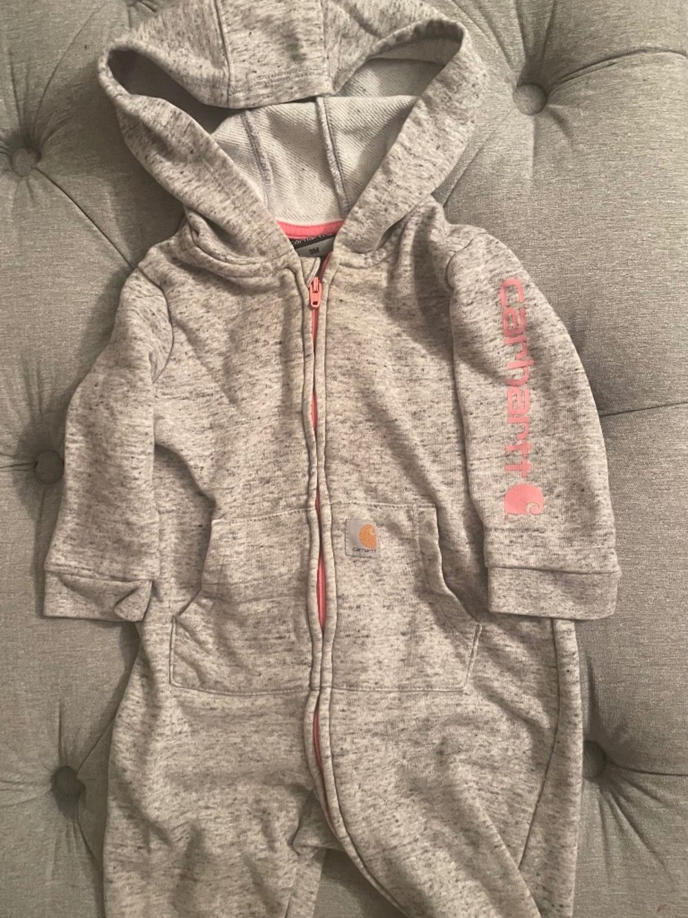 Carhartt Baby Girls Hooded Jumpsuit Coverall Grey Pink 9M